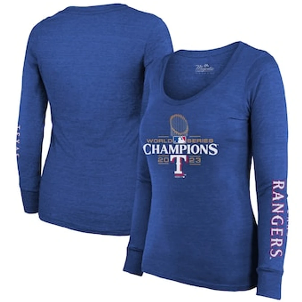 Women's Majestic Threads Royal Texas Rangers 2023 World Series Champions Tri-Blend Long Sleeve Scoop Neck T-Shirt