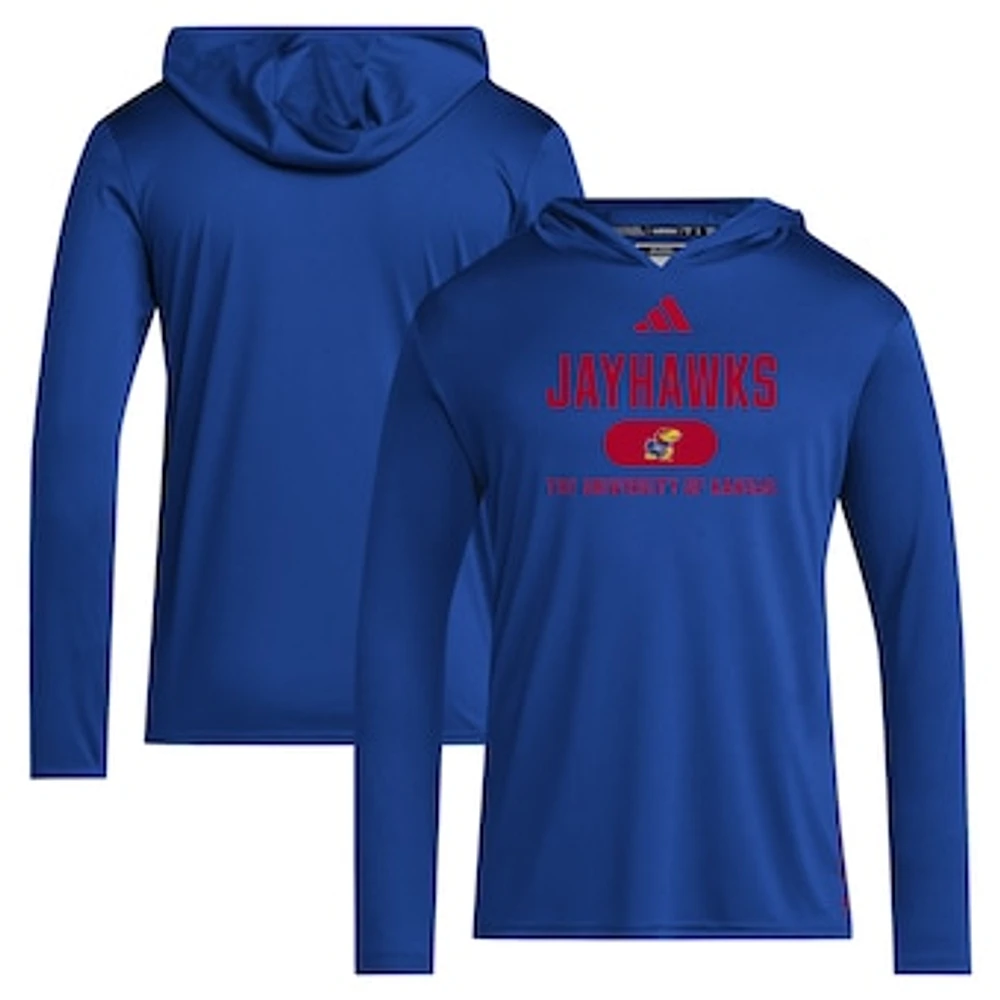 Men's adidas Royal Kansas Jayhawks 2024 Sideline Hooded Long Sleeve T-Shirt