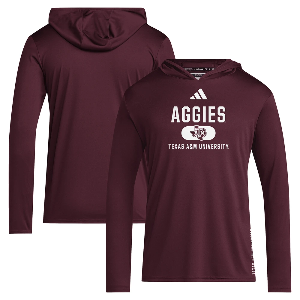 Men's adidas Maroon Texas A&M Aggies 2024 Sideline Hooded Long Sleeve T-Shirt