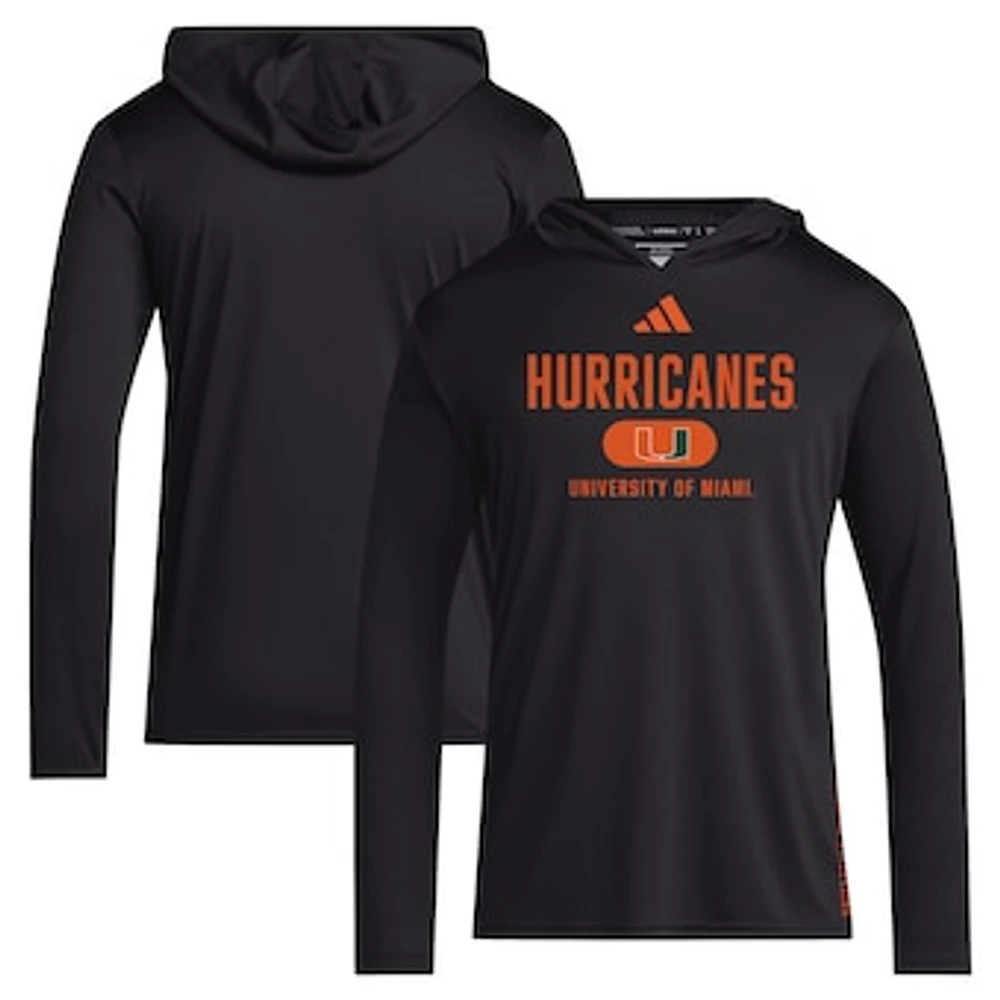 Men's adidas Miami Hurricanes 2024 Sideline Hooded Long Sleeve T-Shirt