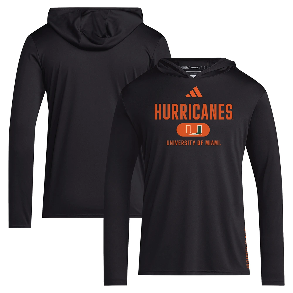 Men's adidas Miami Hurricanes 2024 Sideline Hooded Long Sleeve T-Shirt