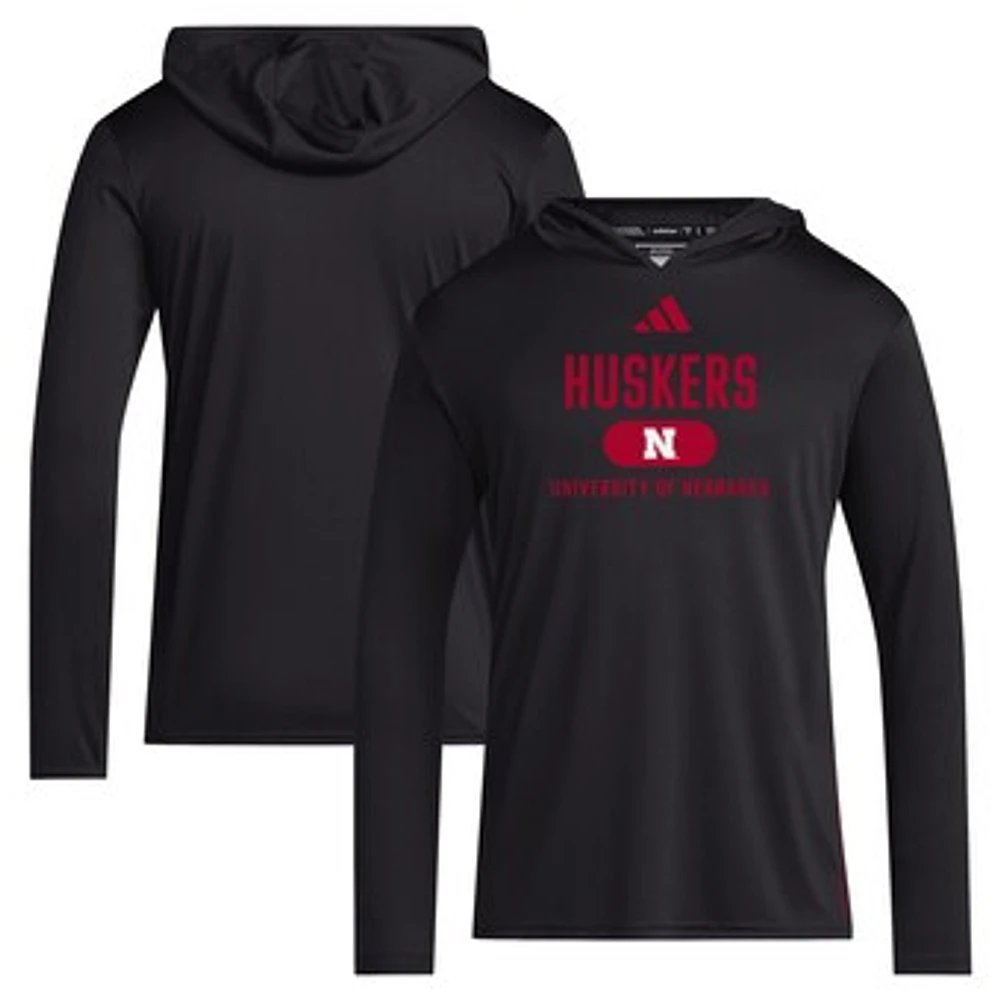 Men's adidas Black Nebraska Huskers 2024 Sideline Hooded Long Sleeve T-Shirt