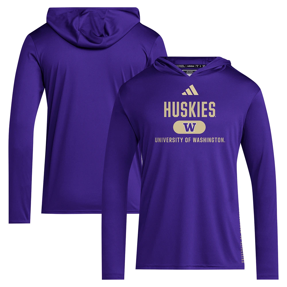 Men's adidas Purple Washington Huskies 2024 Sideline Hooded Long Sleeve T-Shirt