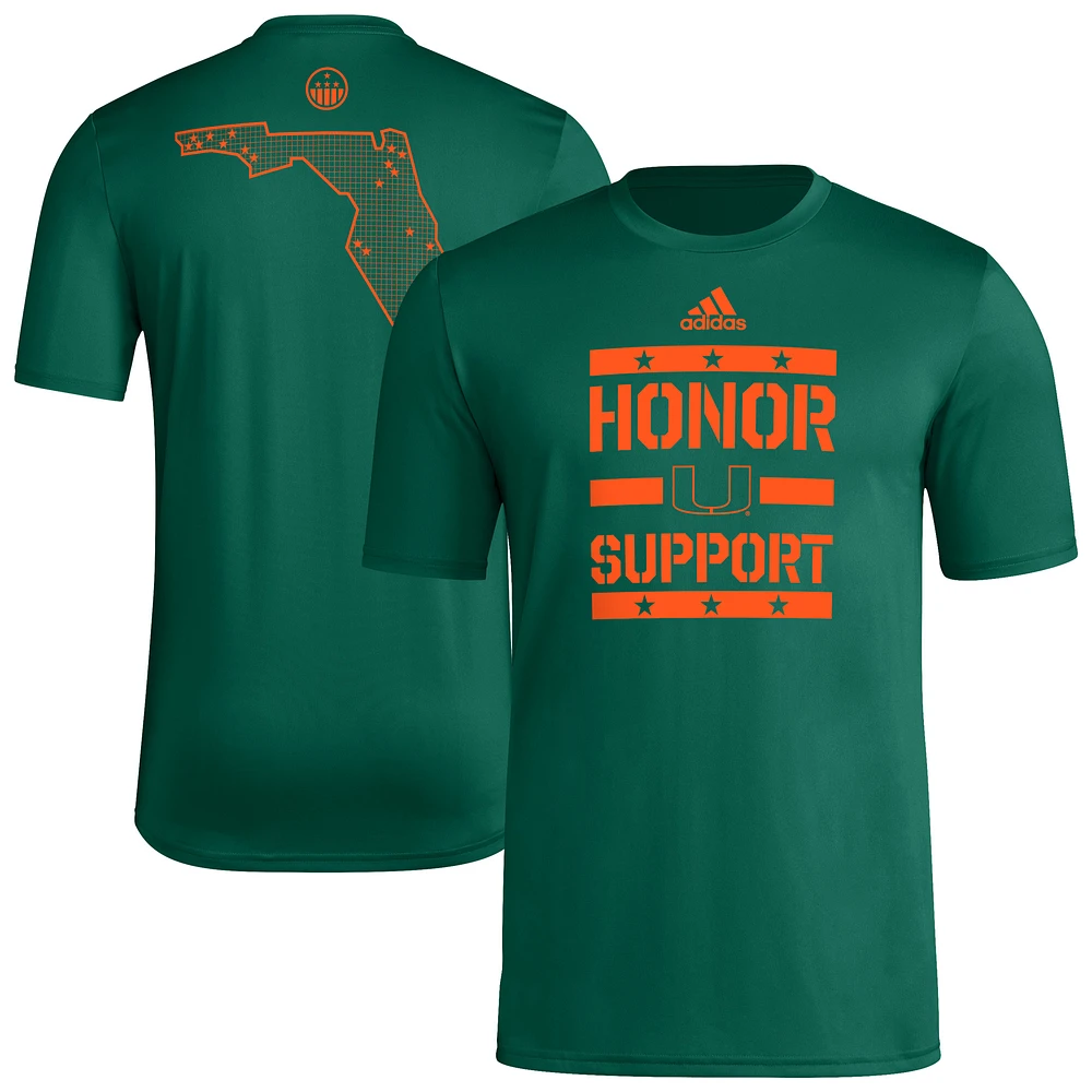 Men's adidas Green Miami Hurricanes Honor & Support Pre-Game T-Shirt