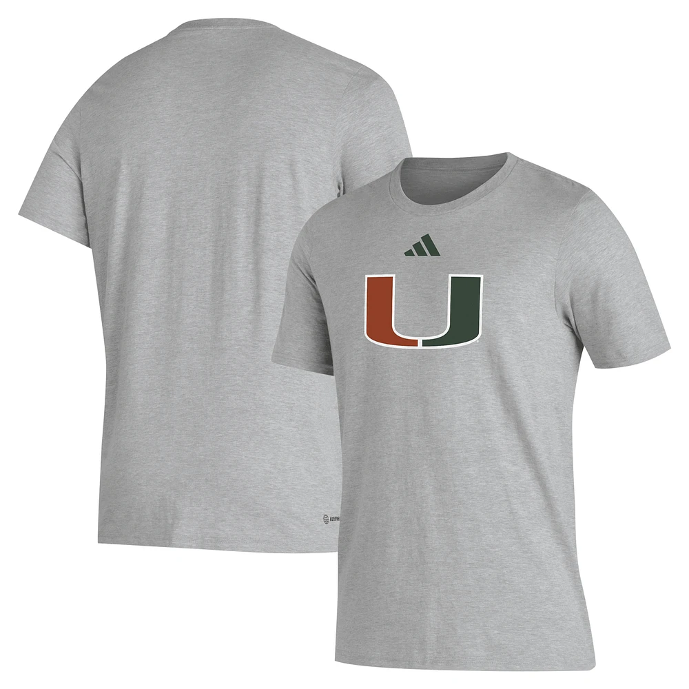 Men's adidas Gray Miami Hurricanes Primary Locker Logo Pre-Game AEROREADY T-Shirt