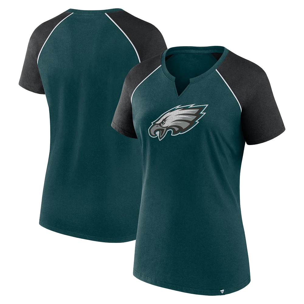 Women's Fanatics Midnight Green/Black Philadelphia Eagles Glittered Primary Raglan T-Shirt