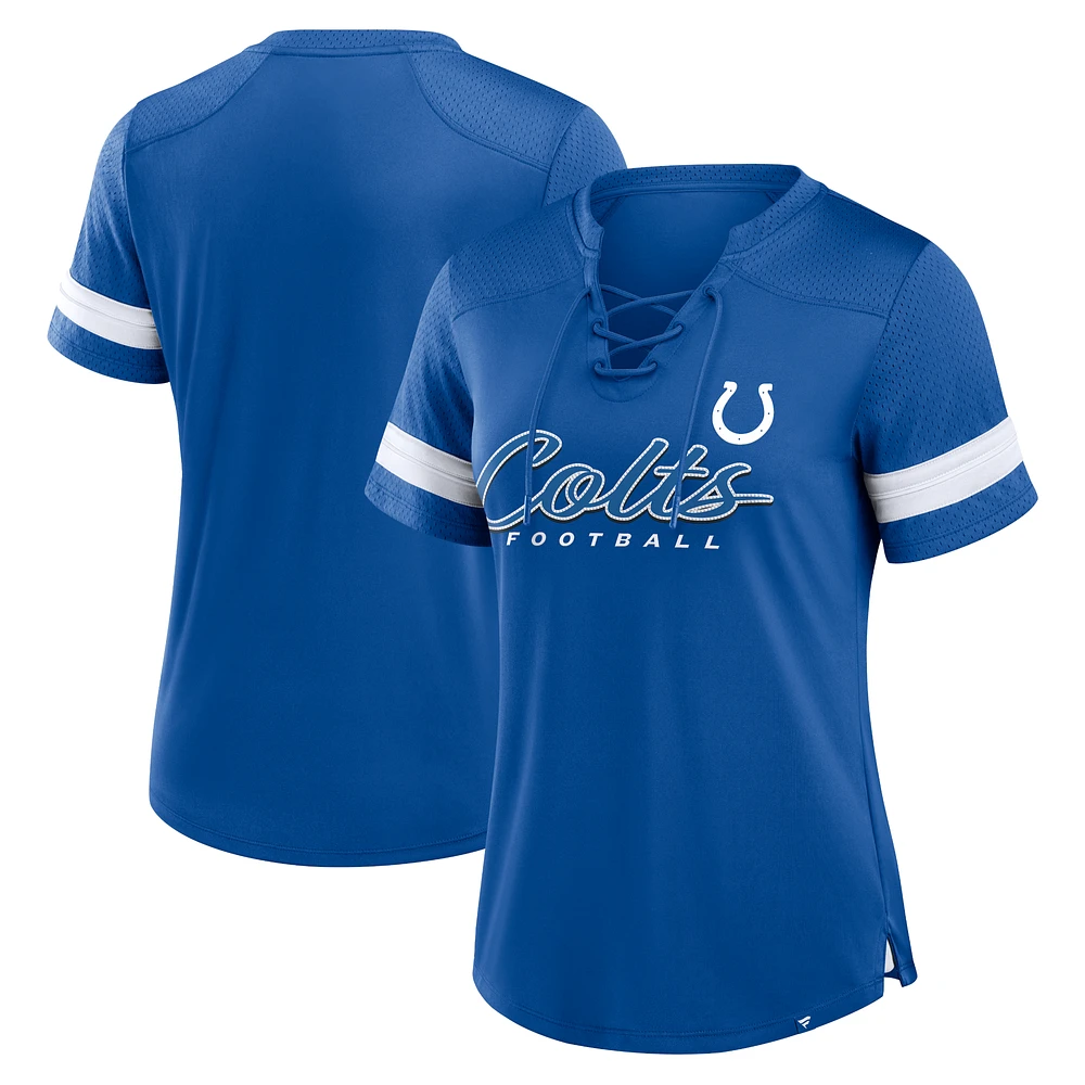 Women's Fanatics Royal Indianapolis Colts Play Script Lace-Up T-Shirt