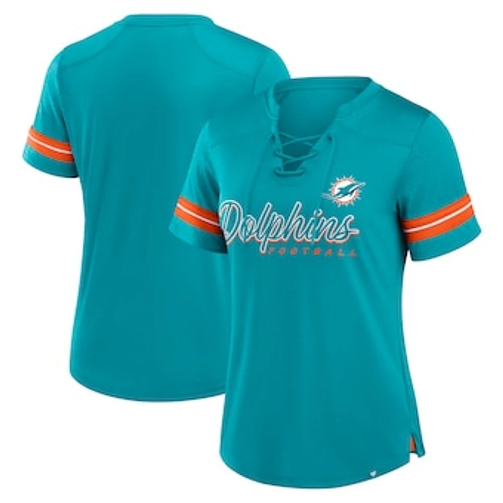 Women's Fanatics Aqua Miami Dolphins Play Script Lace-Up T-Shirt