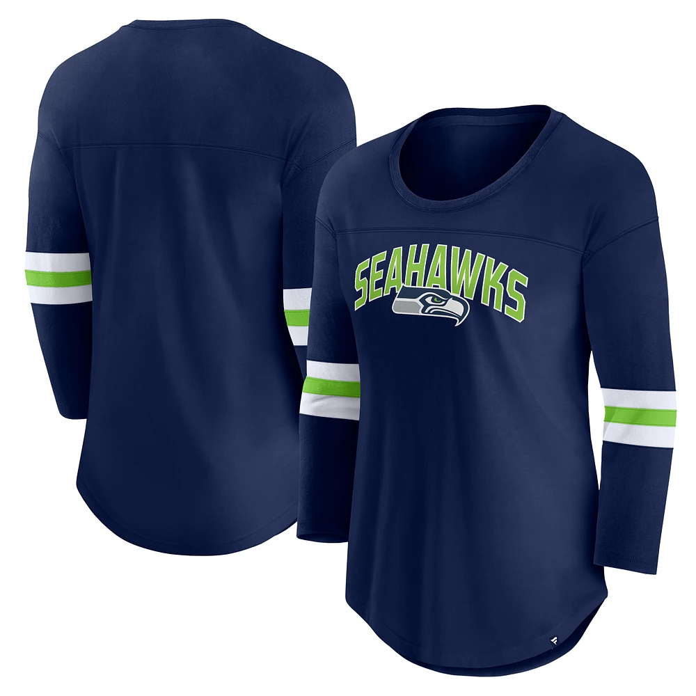 Women's Fanatics College Navy Seattle Seahawks First Team Arch Logo 3/4 Sleeve T-Shirt