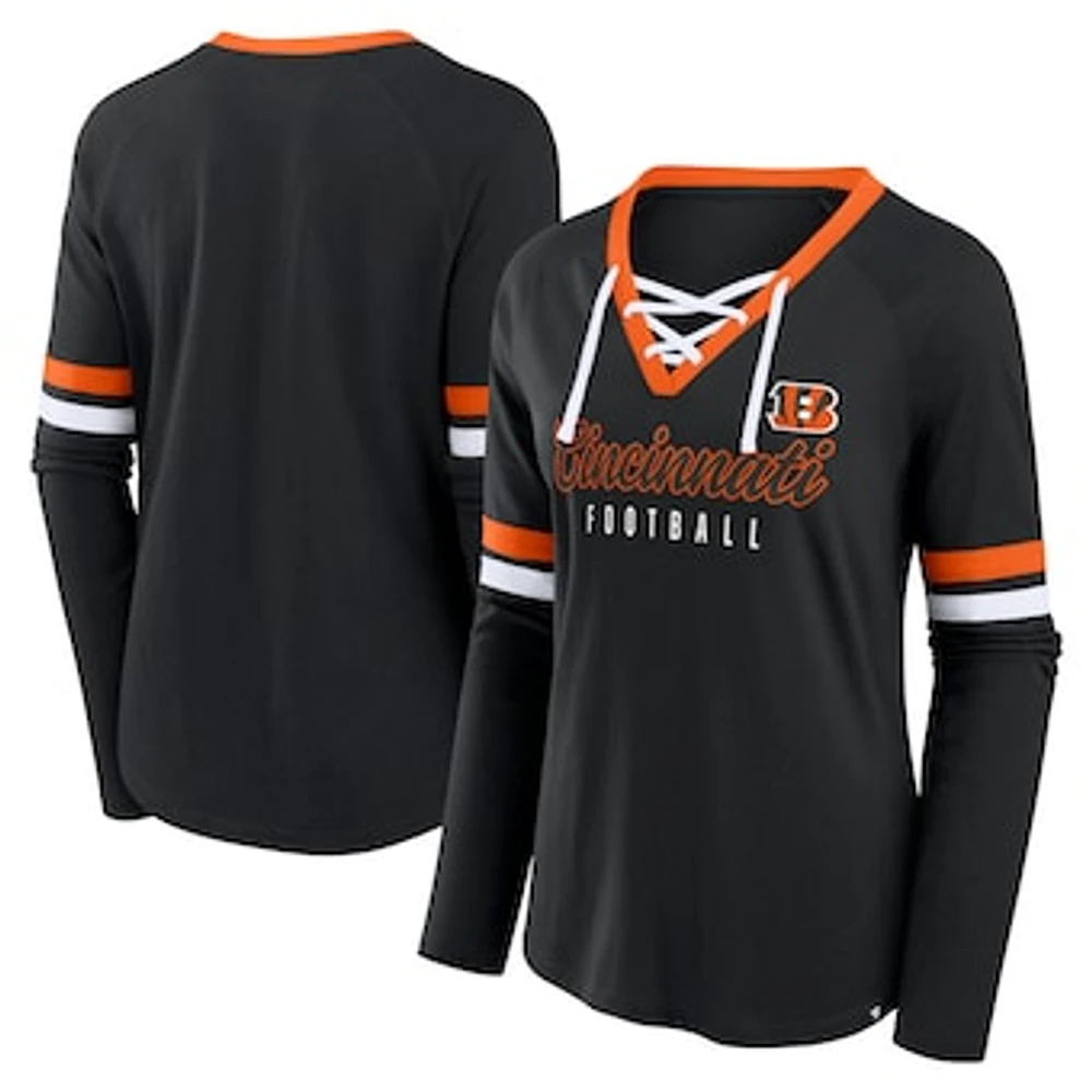 Women's Fanatics Black Cincinnati Bengals Won and Done Lace-Up Long Sleeve Fashion Top