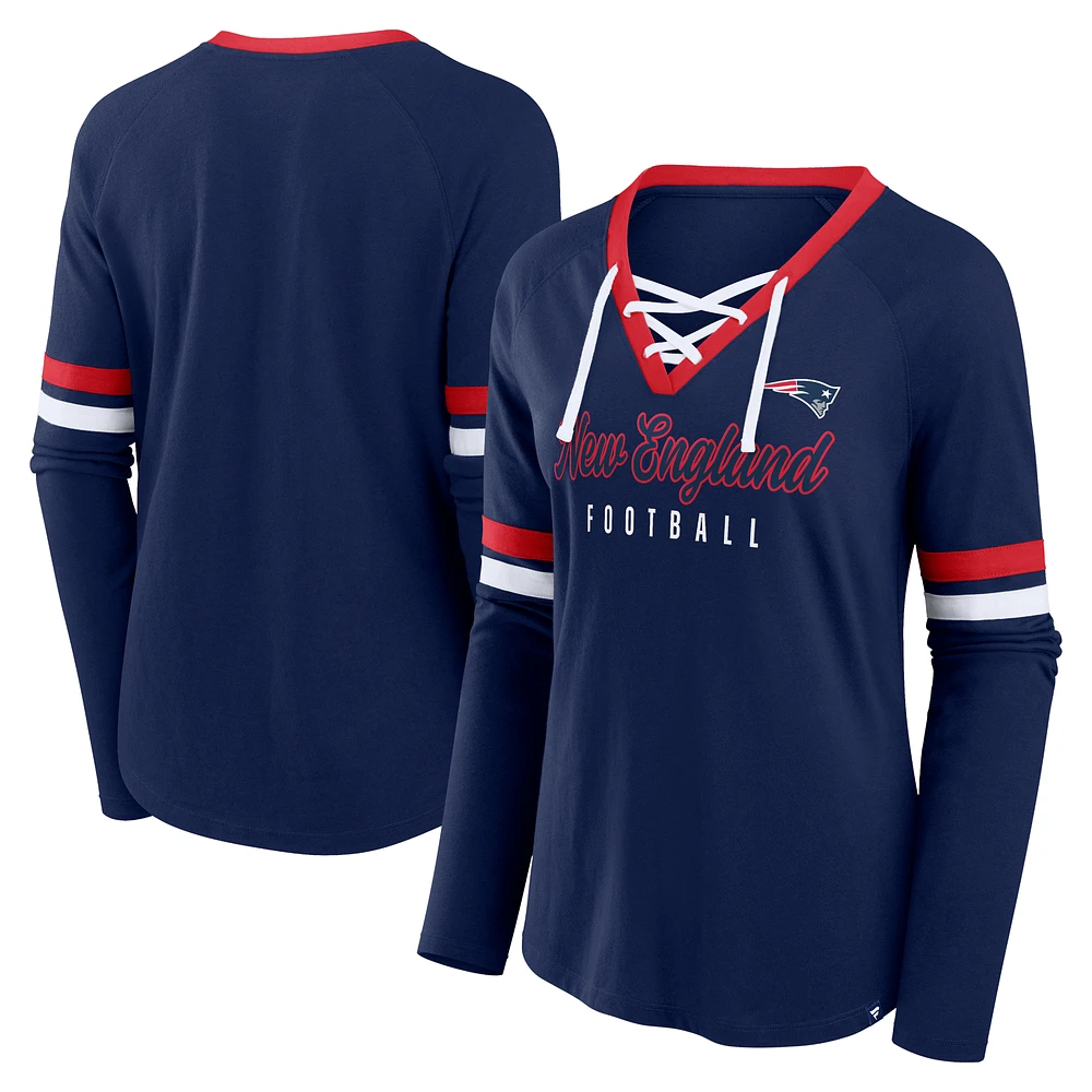 Women's Fanatics Navy New England Patriots Won and Done Lace-Up Long Sleeve Fashion Top