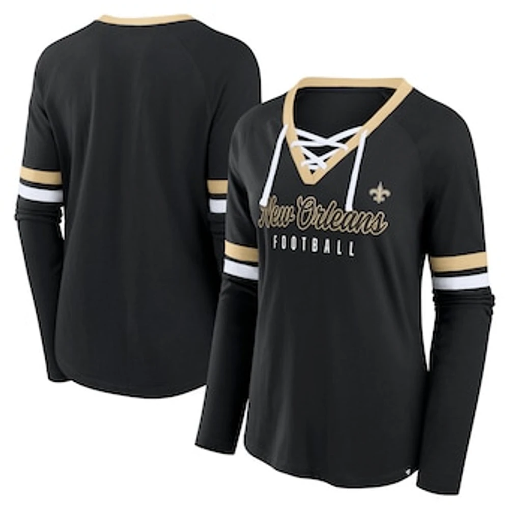 Women's Fanatics Black New Orleans Saints Won and Done Lace-Up Long Sleeve Fashion Top