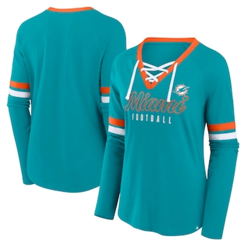 Women's Fanatics Aqua Miami Dolphins Won and Done Lace-Up Long Sleeve Fashion Top