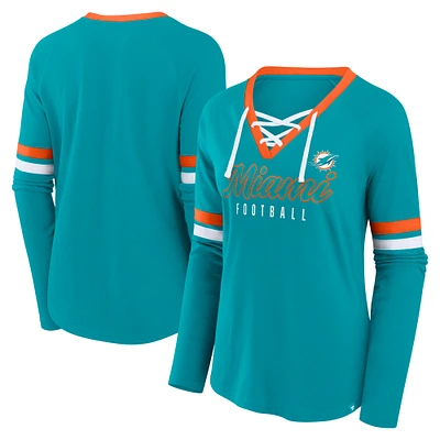 Women's Fanatics Aqua Miami Dolphins Won and Done Lace-Up Long Sleeve Fashion Top