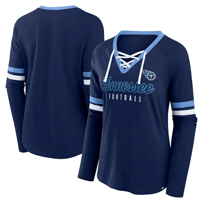 Women's Fanatics Navy Tennessee Titans Won and Done Lace-Up Long Sleeve Fashion Top