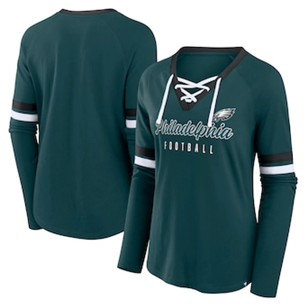 Women's Fanatics Midnight Green Philadelphia Eagles Won and Done Lace-Up Long Sleeve Fashion Top