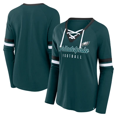 Women's Fanatics Midnight Green Philadelphia Eagles Won and Done Lace-Up Long Sleeve Fashion Top