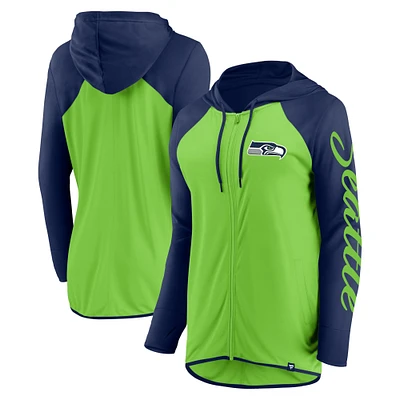 Women's Fanatics Neon Green/College Navy Seattle Seahawks Script Full-Zip Hoodie