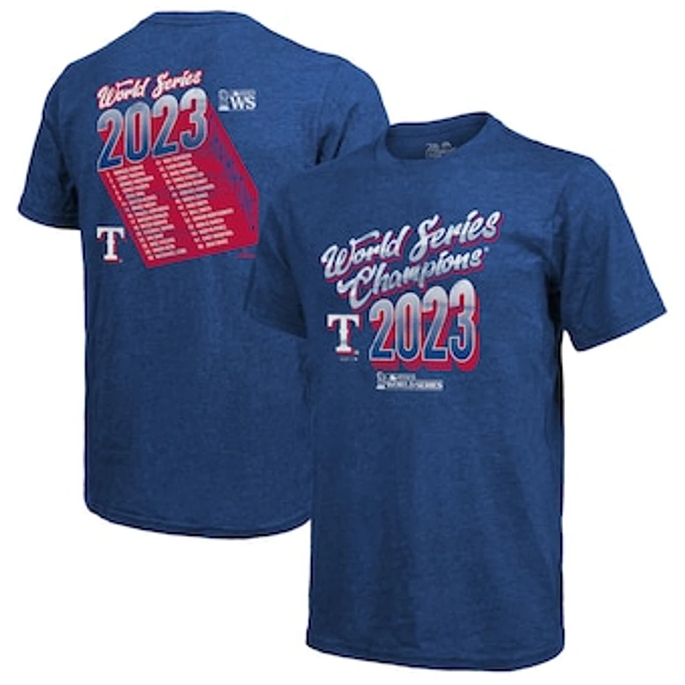 Men's Majestic Threads  Royal Texas Rangers 2023 World Series Champions Life Of The Party Tri-Blend Roster T-Shirt