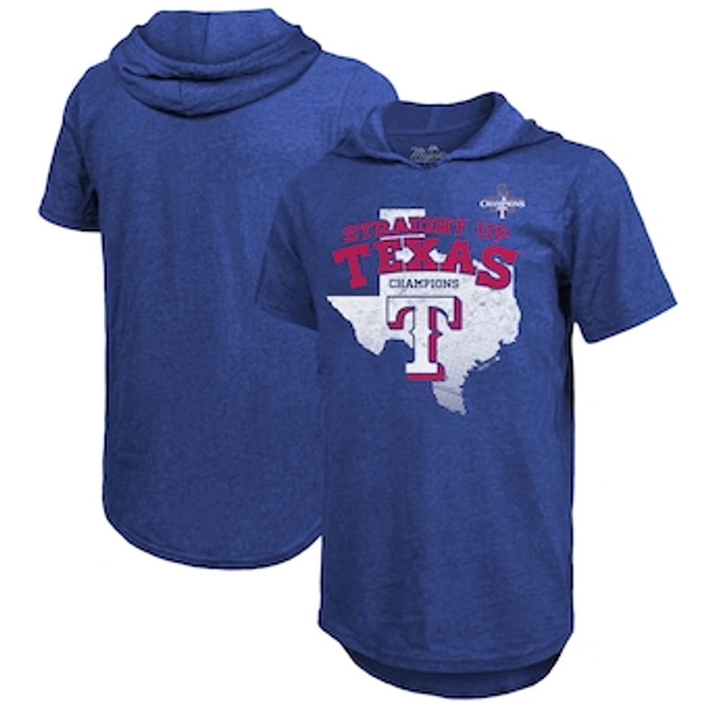 Men's Majestic Threads Royal Texas Rangers 2023 World Series Champions Tri-Blend Hoodie T-Shirt