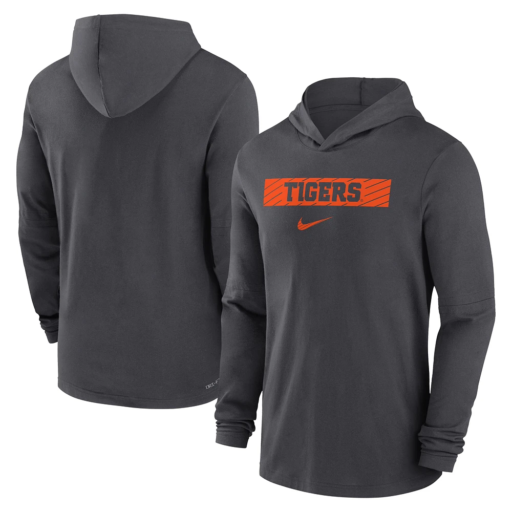 Men's Nike Anthracite Clemson Tigers 2024 Sideline Hoodie Performance Long Sleeve T-Shirt