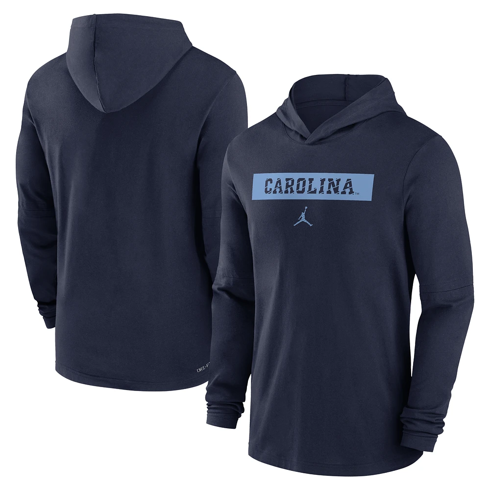 Men's Jordan Brand Navy North Carolina Tar Heels 2024 Sideline Hoodie Performance Long Sleeve T-Shirt