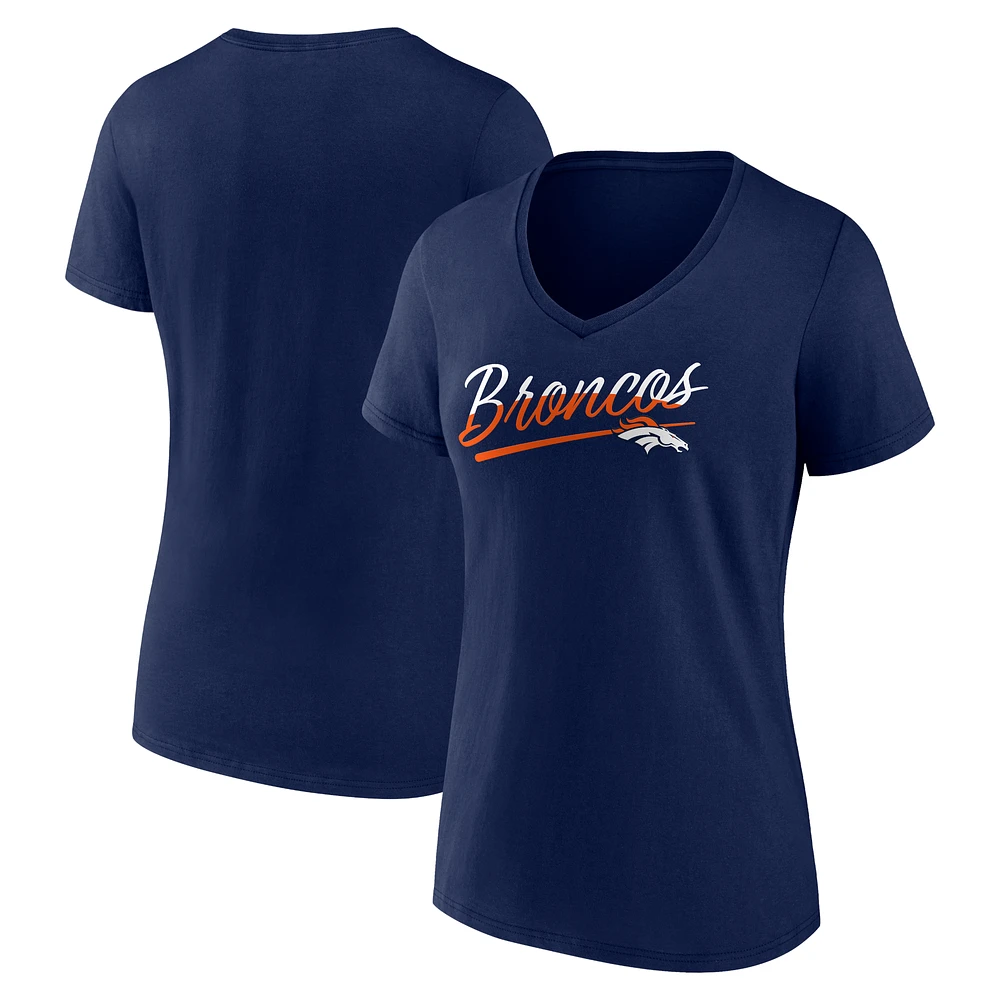 Women's Fanatics Navy Denver Broncos Slice Script V-Neck T-Shirt