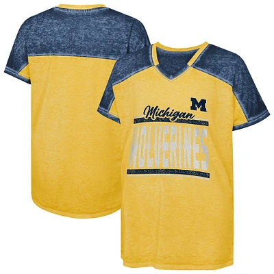 Girls Youth Navy Michigan Wolverines Up for Anything Colorblock Dolman V-Neck T-Shirt