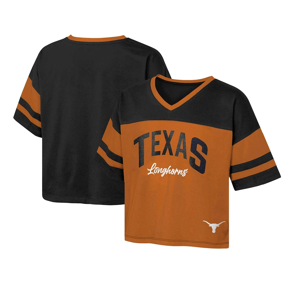 Girls Youth Burnt Orange Texas Longhorns The Playmaker Sleeve Stripe V-Neck Jersey T-Shirt