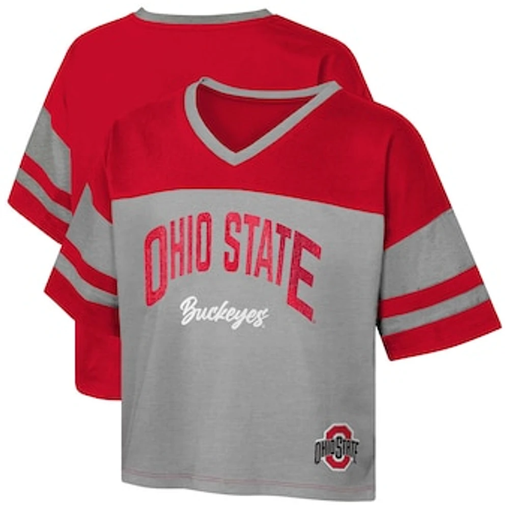 Girls Youth Red Ohio State Buckeyes The Playmaker Sleeve Stripe V-Neck Jersey T-Shirt