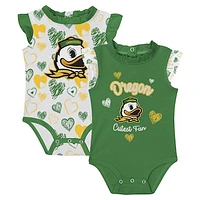 Girls Newborn Green Oregon Ducks Happy Hearts  2-Pack Bodysuit Set