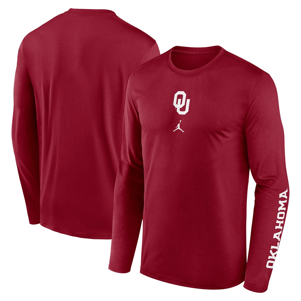 Men's Jordan Brand  Crimson Oklahoma Sooners Primetime Center Lockup Two-Hit Legend Long Sleeve T-Shirt