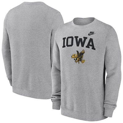 Men's Nike Heather Gray Iowa Hawkeyes Legacy Classic Tackle Twill Embroidered Arch Over Logo Pullover Sweatshirt