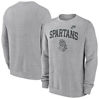 Men's Nike Heather Gray Michigan State Spartans Legacy Classic Tackle Twill Embroidered Arch Over Logo Pullover Sweatshirt