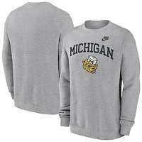 Men's Nike Heather Gray Michigan Wolverines Legacy Classic Tackle Twill Embroidered Arch Over Logo Pullover Sweatshirt