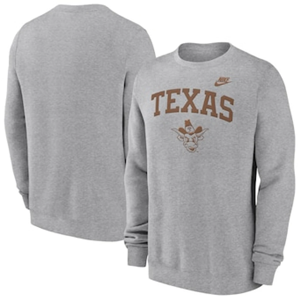 Men's Nike Heather Gray Texas Longhorns Legacy Classic Tackle Twill Embroidered Arch Over Logo Pullover Sweatshirt