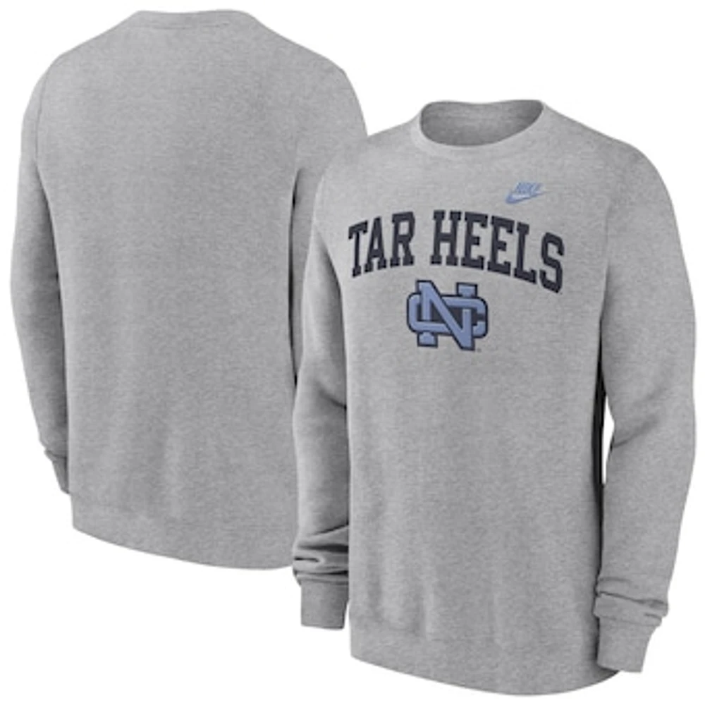 Men's Nike Heather Gray North Carolina Tar Heels Legacy Classic Tackle Twill Embroidered Arch Over Logo Pullover Sweatshirt