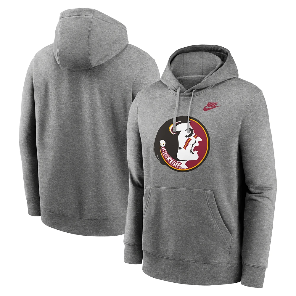 Men's Nike Heather Gray Florida State Seminoles Legacy Logo Club Fleece Pullover Hoodie