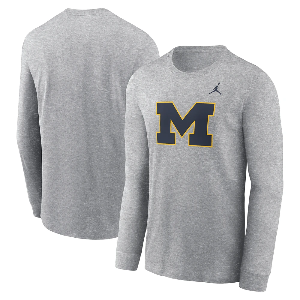 Men's Jordan Brand Heather Gray Michigan Wolverines Primary Logo Long Sleeve T-Shirt