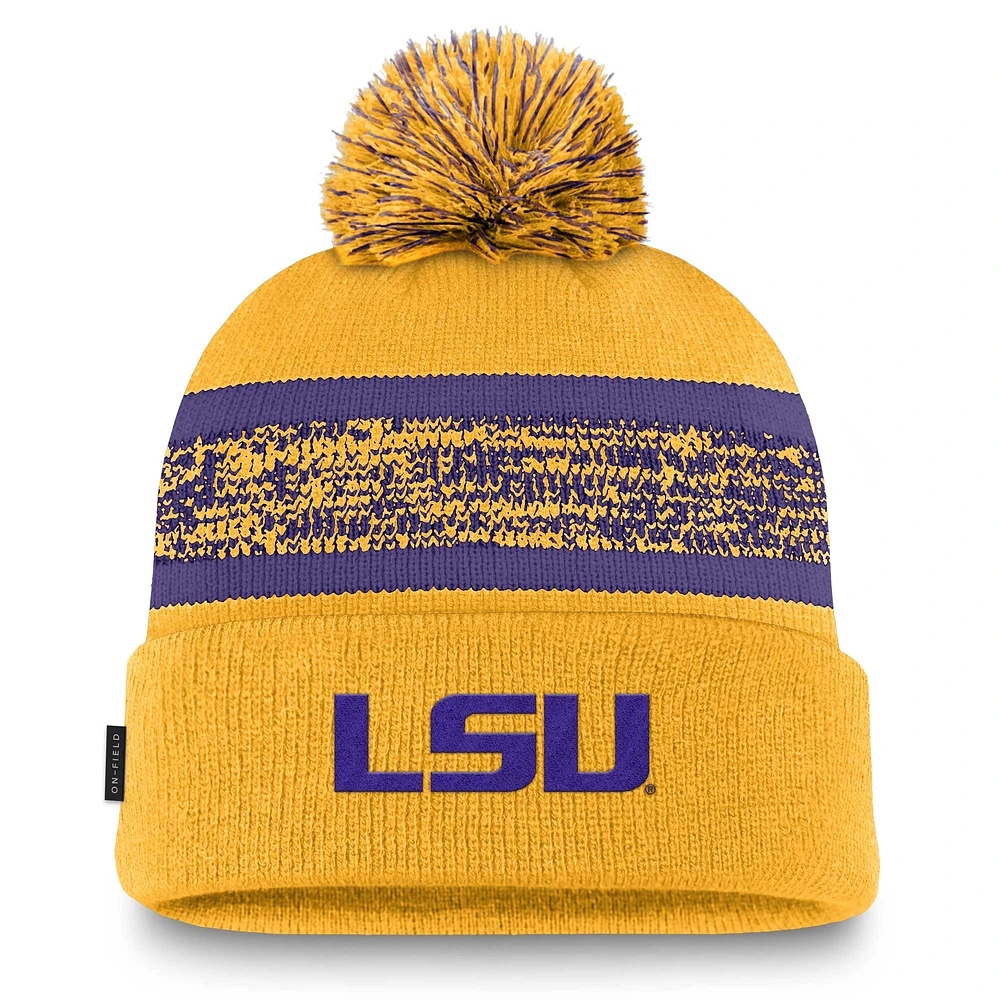 Men's Nike  Gold LSU Tigers On-Field Peak Cuffed Knit Hat with Pom