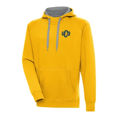 Men's Antigua Gold Central Oklahoma Bronchos Victory Digital Thermal Raglan Pullover Hoodie