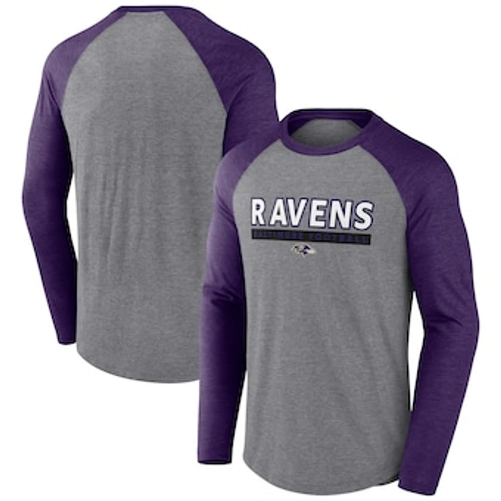 Men's Fanatics Heather Gray/Purple Baltimore Ravens Tri-Blend Raglan Long Sleeve T-Shirt