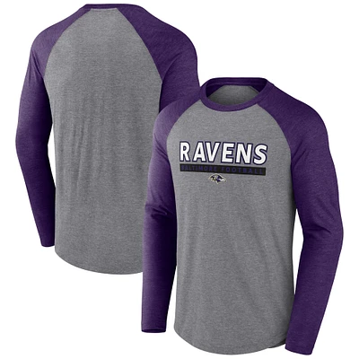 Men's Fanatics Heather Gray/Purple Baltimore Ravens Tri-Blend Raglan Long Sleeve T-Shirt