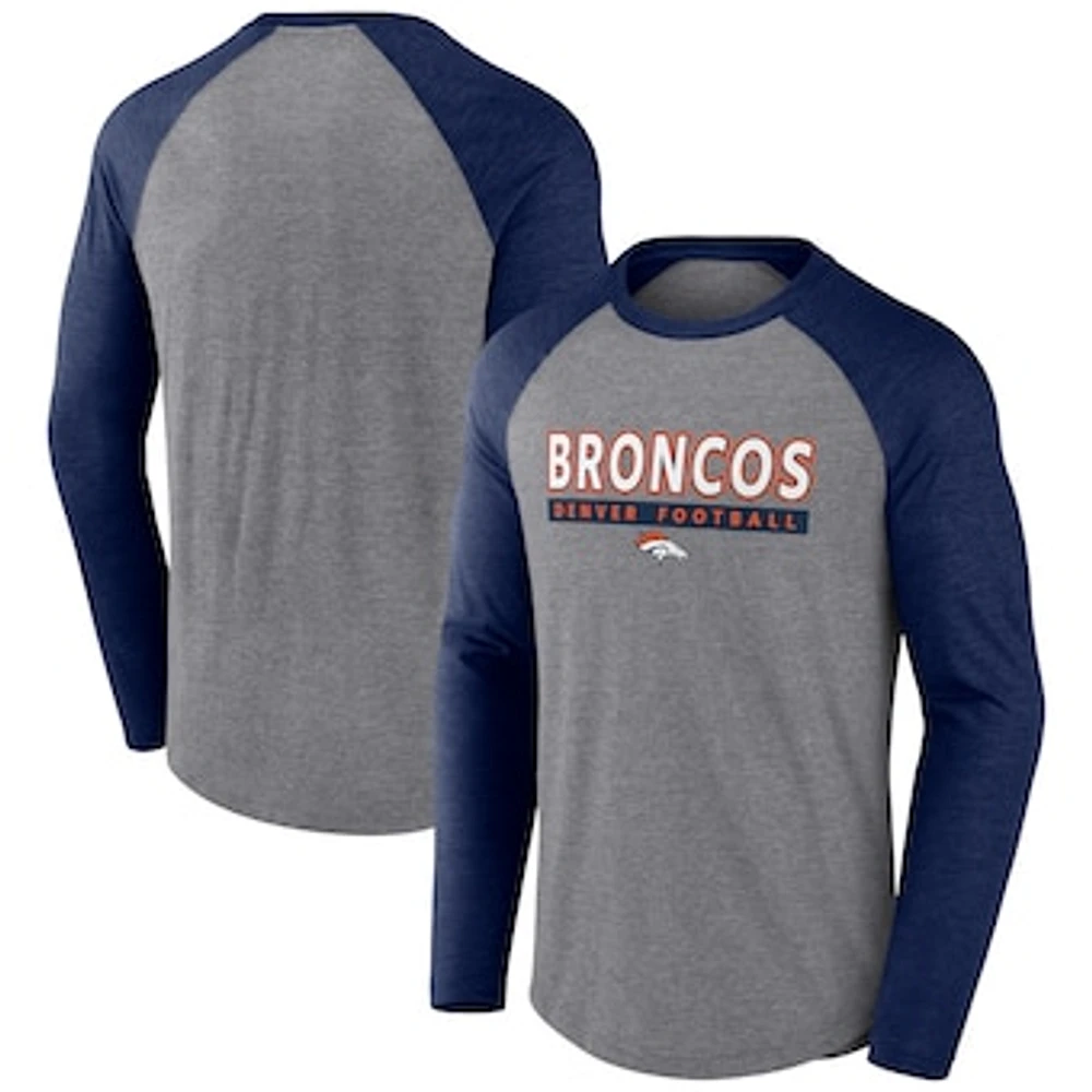 Men's Fanatics Heather Gray/Navy Denver Broncos Tri-Blend Raglan Long Sleeve T-Shirt