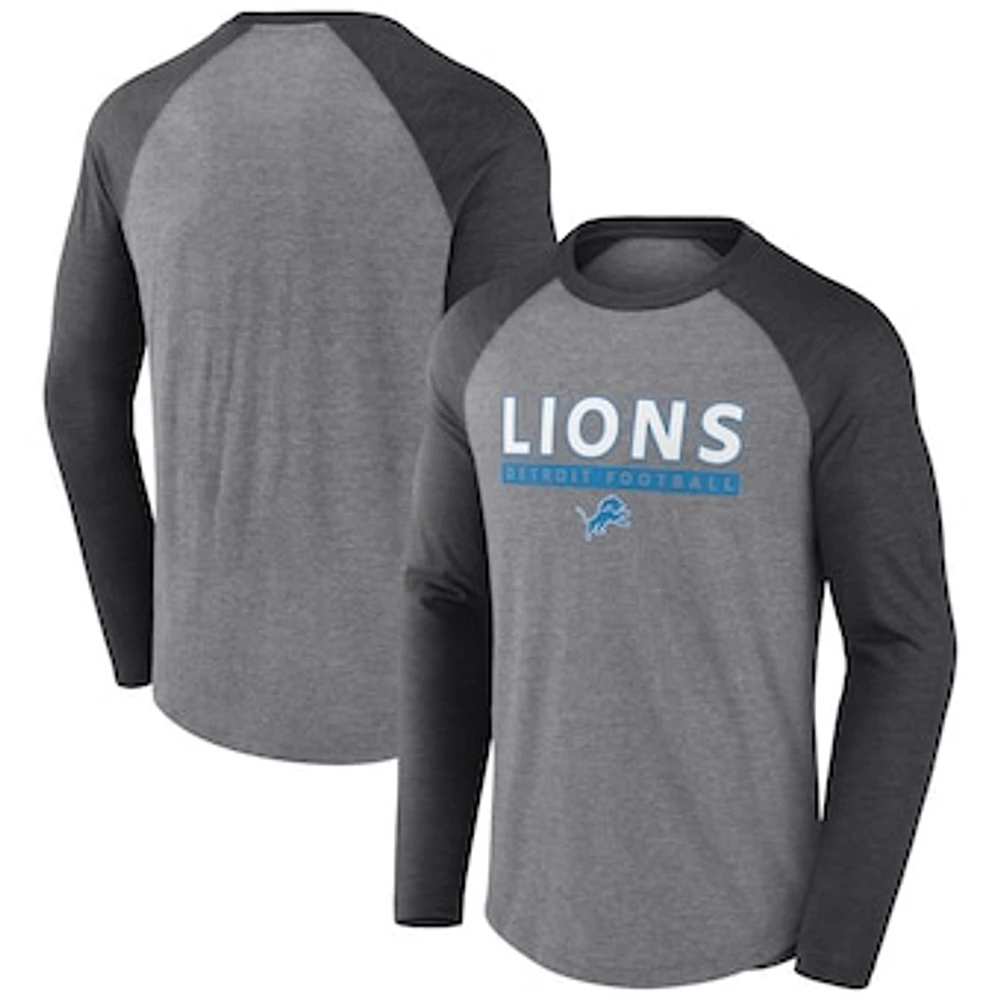 Men's Fanatics Heather Gray/Charcoal Detroit Lions Tri-Blend Raglan Long Sleeve T-Shirt