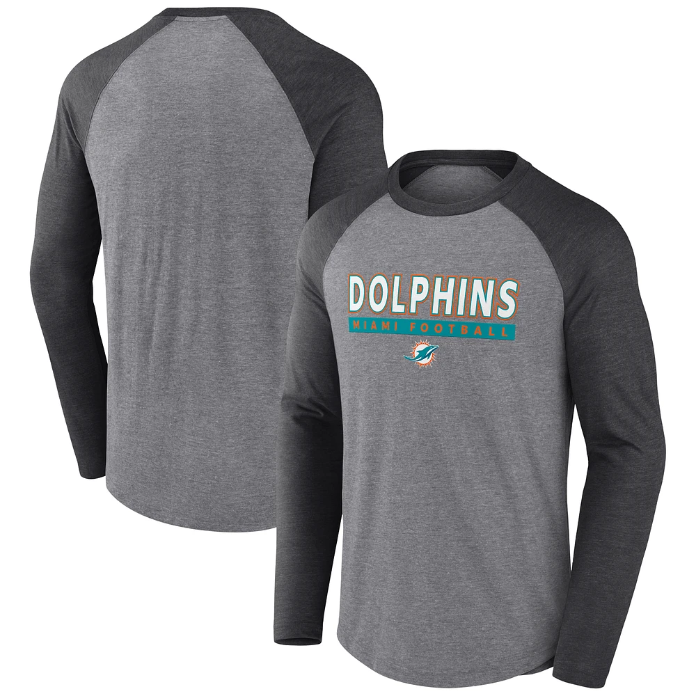 Men's Fanatics Heather Gray/Charcoal Miami Dolphins Tri-Blend Raglan Long Sleeve T-Shirt