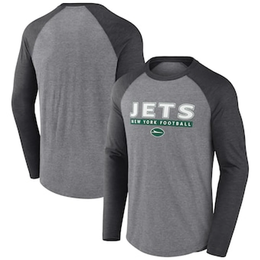 Men's Fanatics Heather Gray/Charcoal New York Jets Tri-Blend Raglan Long Sleeve T-Shirt