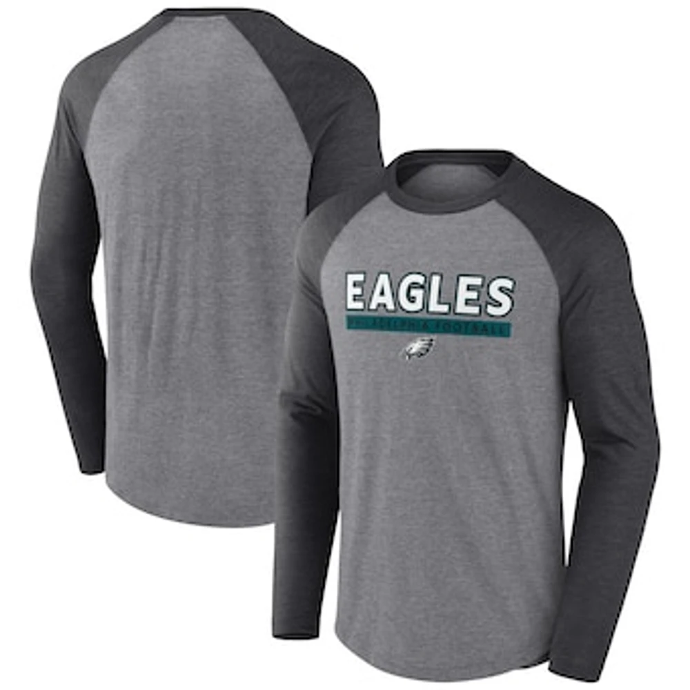 Men's Fanatics Heather Gray/Charcoal Philadelphia Eagles Tri-Blend Raglan Long Sleeve T-Shirt