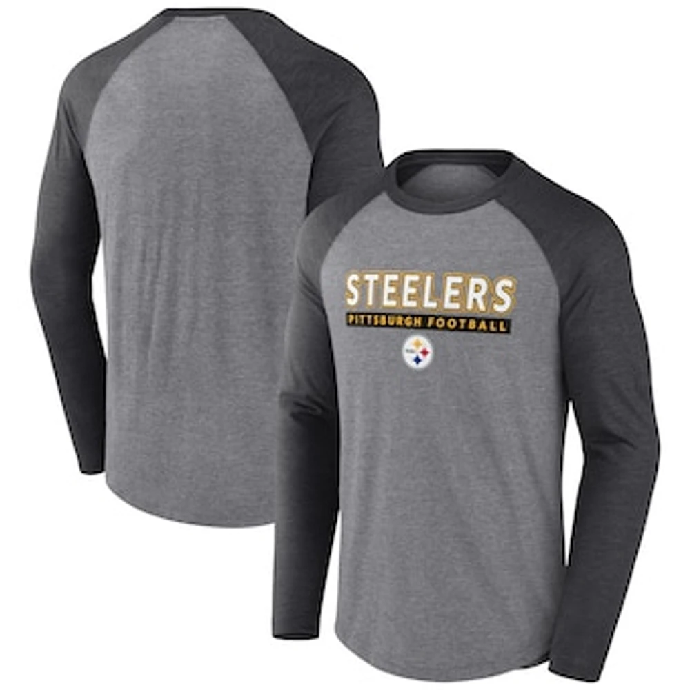 Men's Fanatics Heather Gray/Charcoal Pittsburgh Steelers Tri-Blend Raglan Long Sleeve T-Shirt