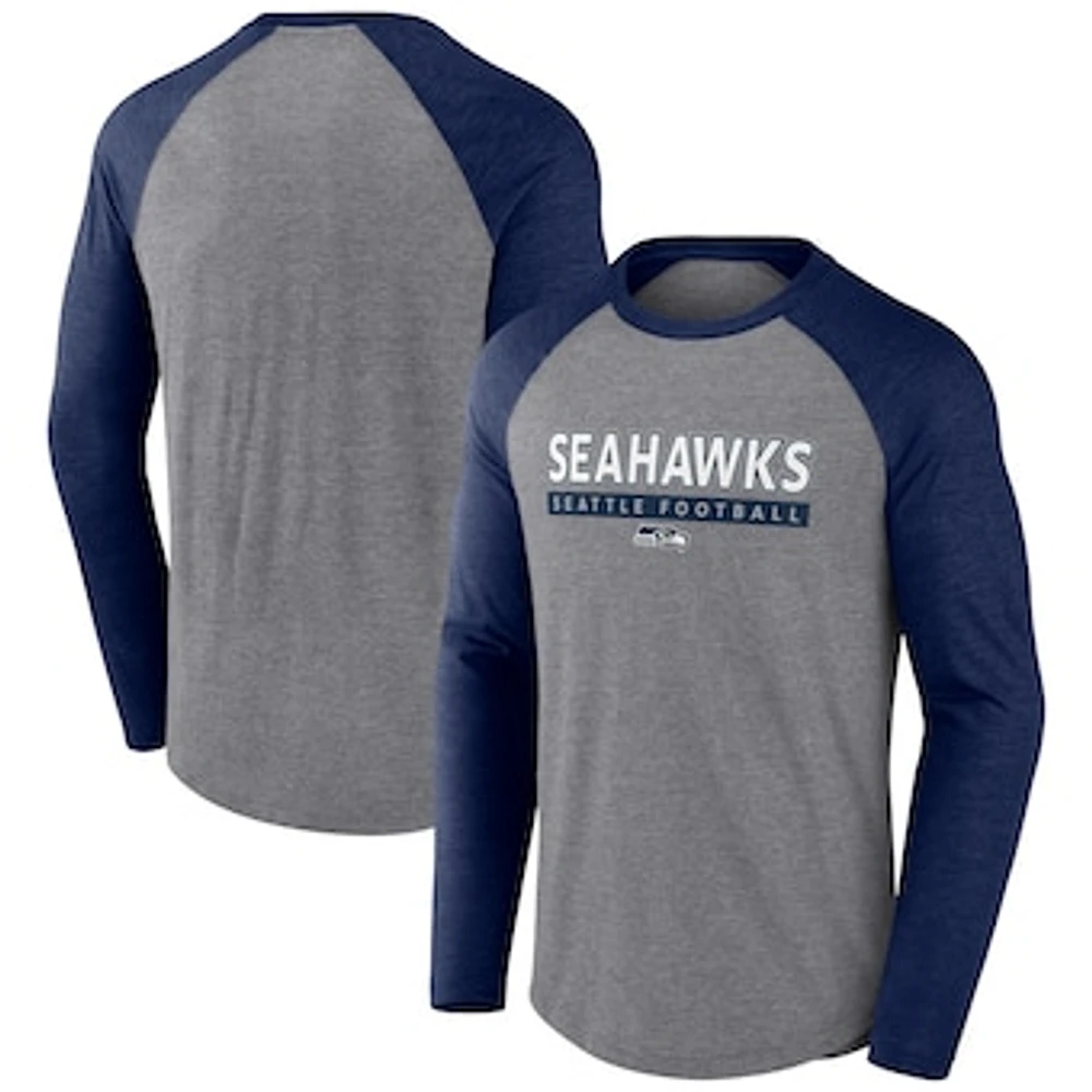 Men's Fanatics Heather Gray/College Navy Seattle Seahawks Tri-Blend Raglan Long Sleeve T-Shirt